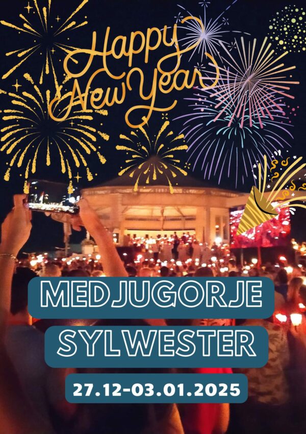 Green White Modern Tourism Promotion Flyer Pielgrzymka do Medjugorje z Imprezą Sylwestrową (27.12.2025-03.01.2026) 950 zł + 280 Euro